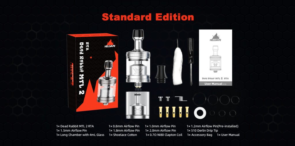 محتویات جعبه اتومایزر دد ربیت ام تی ال ۲ آر تی ای هل ویپ همراه لوازم جانبی در ویپ ایکس